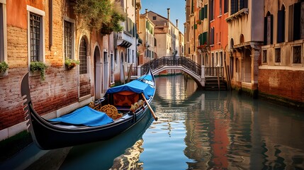 Panoramic view of canal with gondola in Venice, Italy