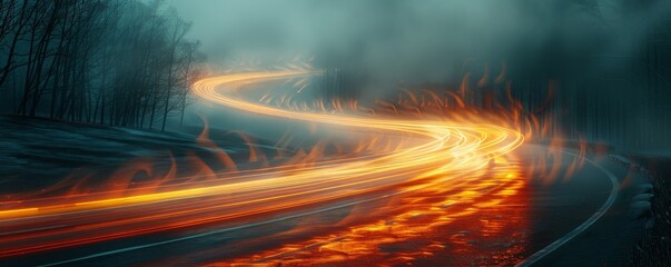 Amidst the eerie fog of a winter night, a lone tree stands on the road with flames illuminating the way, creating a hauntingly beautiful landscape in the outdoor light of nature