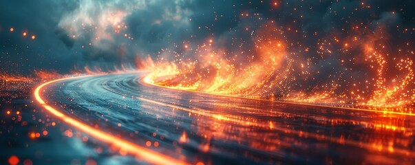 A scorching heat radiates from the amber sparks and smoke on the outdoor road, illuminating the dark night and revealing the wild nature surrounding it