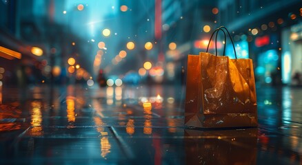 A lone bag sits on the wet city sidewalk, its amber hues reflecting the rain-soaked street in the dimly lit night