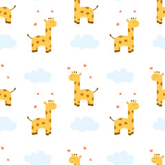 Seamless pattern with cute giraffe, clouds, hearts on white background, flat style. Funny animals. Vector, hand drawn. Print for baby, kids, decor in room. Wrapping paper, textile, fabric. 
