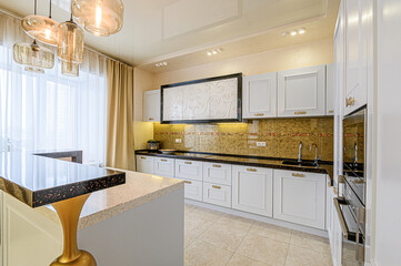 interior kitchen and dining room, refectory area, cooking equipment, table furniture, stove