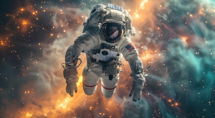 Amidst a dazzling expanse of stars and nebulas, a brave astronaut in a sleek pressure suit braves the unknown depths of space in this dynamic digital compositing shot - obrazy, fototapety, plakaty