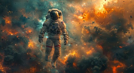 A lone astronaut faces danger and destruction as fire and smoke engulf their spaceship in the vast emptiness of space - obrazy, fototapety, plakaty