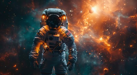 Obraz premium An astronaut floats weightlessly in the vast expanse of space, their bright orange pressure suit contrasting against the deep blue backdrop of the universe
