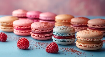 Obraz na płótnie Canvas A delightful array of vibrant macaroons adorned with raspberries, tempting with their sugary sweetness and inviting us to indulge in a colorful world of baked goods and confectionery