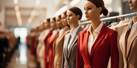 Row of fashionably dressed mannequins representing professional dress codes in store. Concept Mannequins, Fashion, Professional attire, Store display, Dress codes