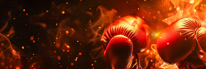 Boxing gloves in fiery clash, vivid orange flames.