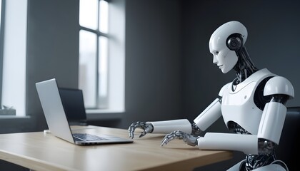 human robot working on computer