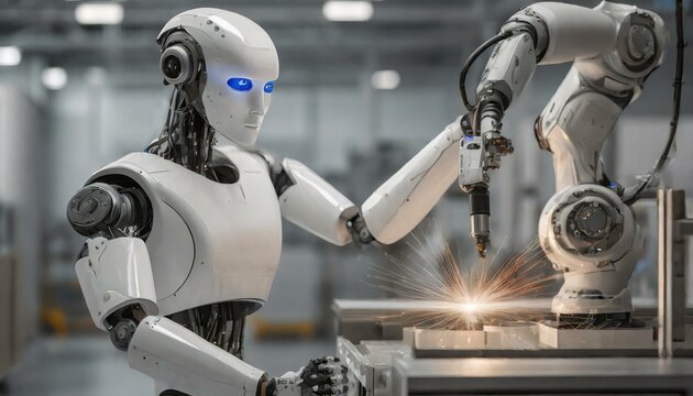 humanoid robot working with a machine in a factory