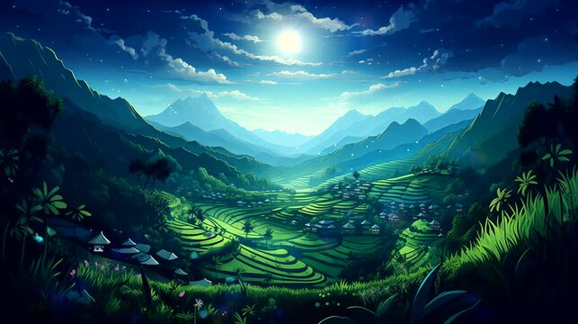 A tranquil rice terrace with lush greenery cascading down terraced slopes at night. Fantasy landscape anime or cartoon style, seamless looping 4k time-lapse virtual video animation background