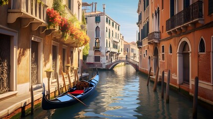 Panoramic view of a canal with gondolas in Venice, Italy - obrazy, fototapety, plakaty