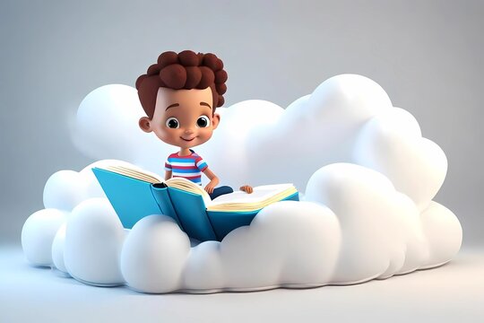 A peaceful image of cute 3d cartoon kid reading on a giant white cloud like a book on a light background