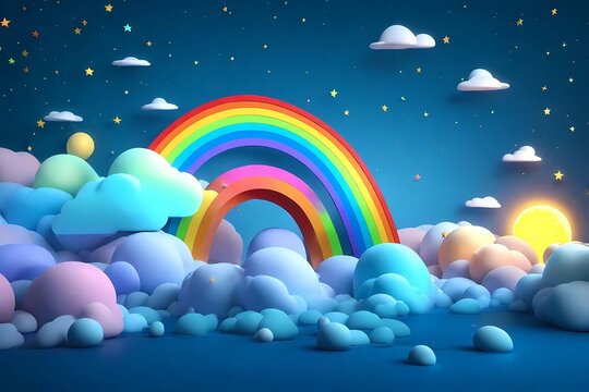 3d rendered cartoon rainbow, clouds, and stars sky at night.
