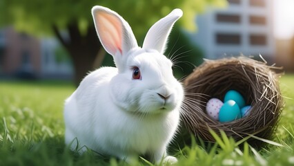 White rabbit and nest with easter colorful eggs on green grass