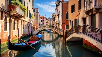 Venice canal with gondolas and bridge in Italy, Europe - obrazy, fototapety, plakaty