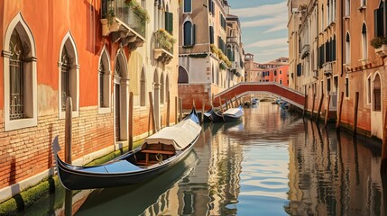 Venice, Italy. Panoramic view of a canal with gondola - obrazy, fototapety, plakaty