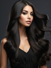Beautiful fashion hispanic model girl with black voluminous long straight hair for commercial shampoo ad concept from Generative AI