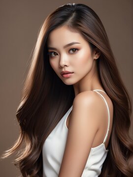 Beautiful fashion filipina model girl with brown long straight hair for commercial shampoo ad concept from Generative AI