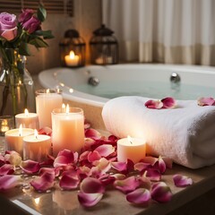 Spa setting with petals and candles. Burning candles towels on table near bath tub with flowers