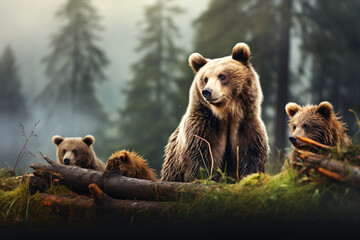 Teddy bear and bear cubs in the forest. Brown bear - obrazy, fototapety, plakaty