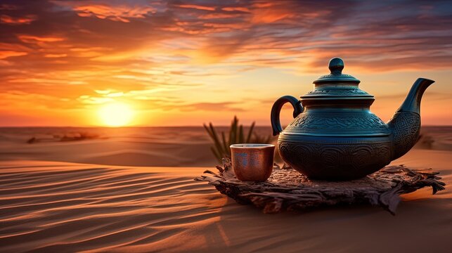 Oriental teapot and cup in desert at sunset. Tea preparation on sand, Generative AI