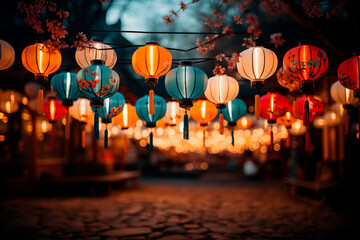 Chinese lanterns on an evening street. - obrazy, fototapety, plakaty
