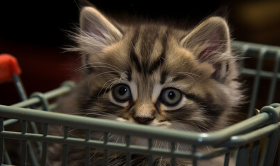 Small kitten is sitting in shopping basket