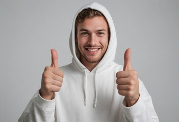 A man in a white hoodie with a hood, giving double thumbs up, his friendly face suggesting casual approval and contentment.