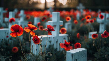 A solemn scene depicting rows of white tombstones adorned with vibrant red poppies, symbolizing the courage and sacrifice of military personnel who gave their lives in service to t - obrazy, fototapety, plakaty