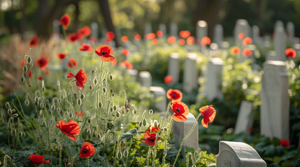 A solemn scene depicting rows of white tombstones adorned with vibrant red poppies, symbolizing the courage and sacrifice of military personnel who gave their lives in service to t