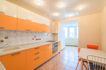 interior kitchen and dining room, refectory area, cooking equipment, table furniture, stove