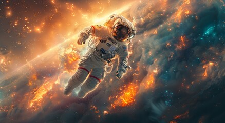 A lone astronaut braves the fiery chaos of the universe, surrounded by swirling clouds and otherworldly cg artwork in this digital composite of outer space - obrazy, fototapety, plakaty