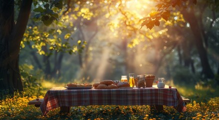 A vibrant autumn morning unfolds as a tree stands tall, surrounded by nature's beauty of yellow flowers and grass, while a table adorned with food awaits on the bench in the sun