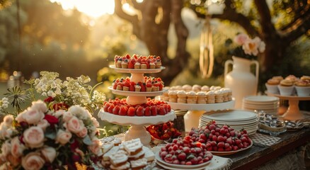 A beautifully decorated wedding cake stands on a flower-adorned cake stand, surrounded by an array of delicious baked goods and sweet treats on an indoor table, ready to be enjoyed by guests at this  - obrazy, fototapety, plakaty