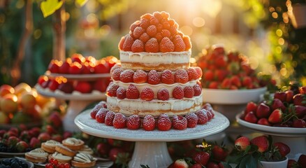 Indulge in the sweetness of a strawberry-topped cake, adorned with buttercream and royal icing, displayed on a elegant cake stand, perfect for any occasion - obrazy, fototapety, plakaty