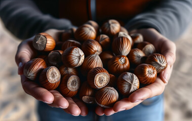 person holding hazelnuts in their hands created with Generative AI technology - Powered by Adobe