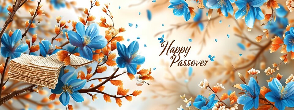 Passover banner. Pesach template for your design with matzah and spring flowers. "Happy Passover" inscription. Jewish holiday background.