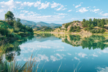 Tranquil lake panorama with mirror-like waters, verdant shores.