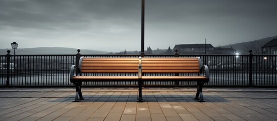 Metal bench at train station with a view. - obrazy, fototapety, plakaty