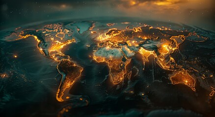 Captivating and awe-inspiring, this illuminated map of the world highlights the interconnectedness of earth and the vast expanse of outer space