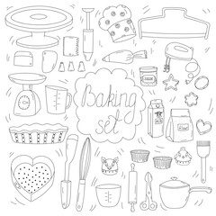 Baking set. Hand drawn illustration kitchen tools.