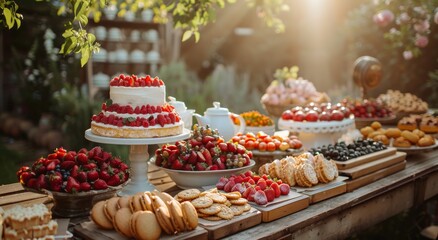 A tantalizing spread of baked goods, adorned with sugary desserts and juicy fruits, awaits at an outdoor patisserie, enticing passersby with its delectable pastry creations and expertly decorated cak