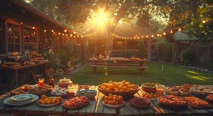 Under the shade of a towering tree, a bountiful outdoor buffet table overflows with an array of colorful and succulent fruits, tempting the senses and inviting one to indulge in nature's delicious of - obrazy, fototapety, plakaty