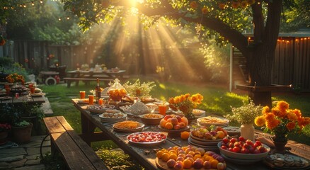 A vibrant autumn buffet, set outdoors on a table adorned with colorful vegetables and flowers, showcases the beauty of nature's food groups