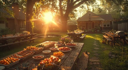 A serene outdoor setting, surrounded by lush trees and plants, boasts a bountiful spread of delectable food on a quaint picnic table nestled in the soft grass - obrazy, fototapety, plakaty