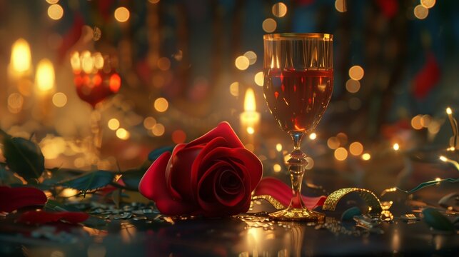 Envision a mesmerizing celebration of love, where glasses of wine stand alongside a bloomed red rose adorned with a golden ribbon. 


