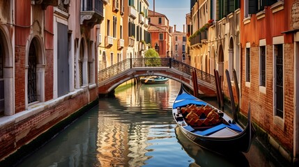 Fototapeta na wymiar Gondola on the canal in Venice, Italy. Panorama