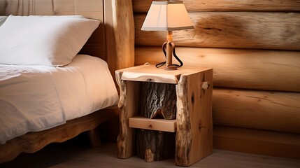 Rustic bedside table made from wood log near bed Farmhouse interior design of modern bedroom