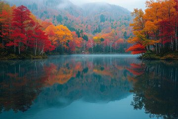 Naklejka na ściany i meble Autumn Reflections on Serene Forest Lake.